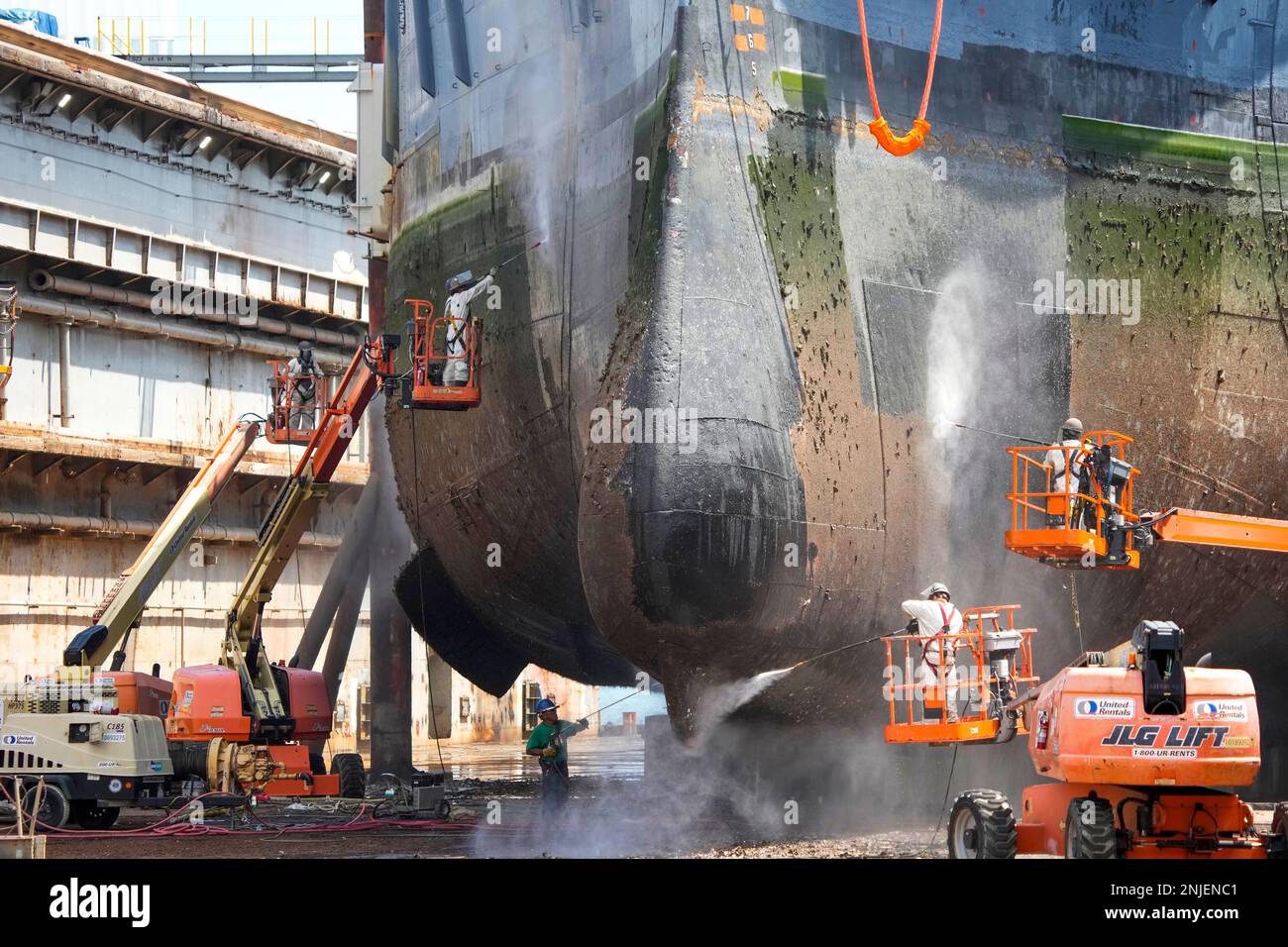 The hull of Battleship Texas is cleaned as the ship's 35 million