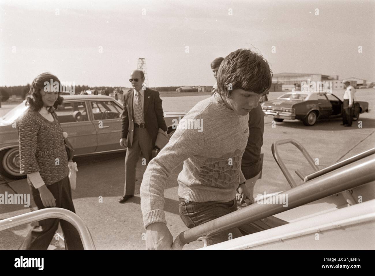 President elect Jimmy Carter, wife Rosalynn, daughter Amy and son Chip with wife Caron, board a charter flight to Washington, DC where Carter will be inaugurated  as the 39th President of the United States. Stock Photo