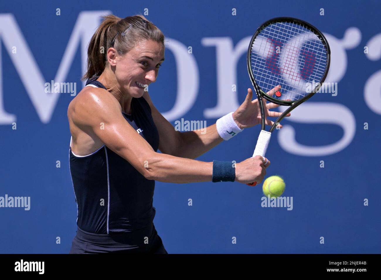Petra Martic returns during a womens singles match at the 2022 US Open, Thursday, Sep