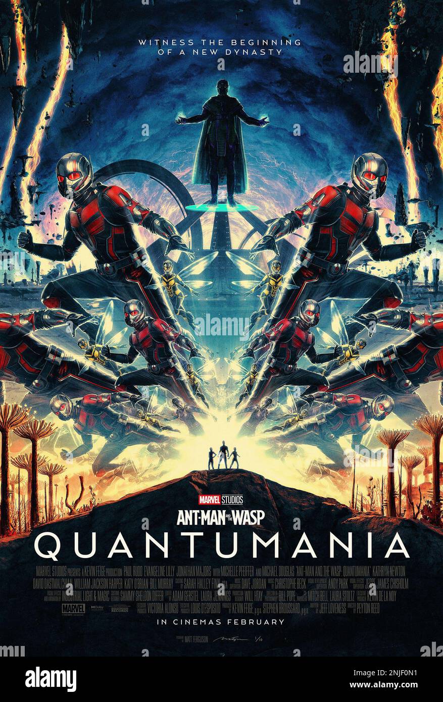 ANT-MAN AND THE WASP: QUANTUMANIA, (aka ANT-MAN 3), British poster, top:  Jonathan Majors as Kang The Conqueror; left & right, from top: Paul Rudd as  Ant-Man, Evangeline Lilly as Wasp, Kathryn Newton,