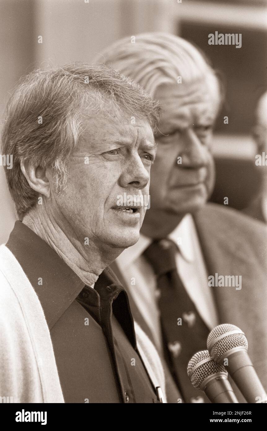 President elect Jimmy Carter and Tip Oneill at Carter's Pond House in Plains, GA. Stock Photo