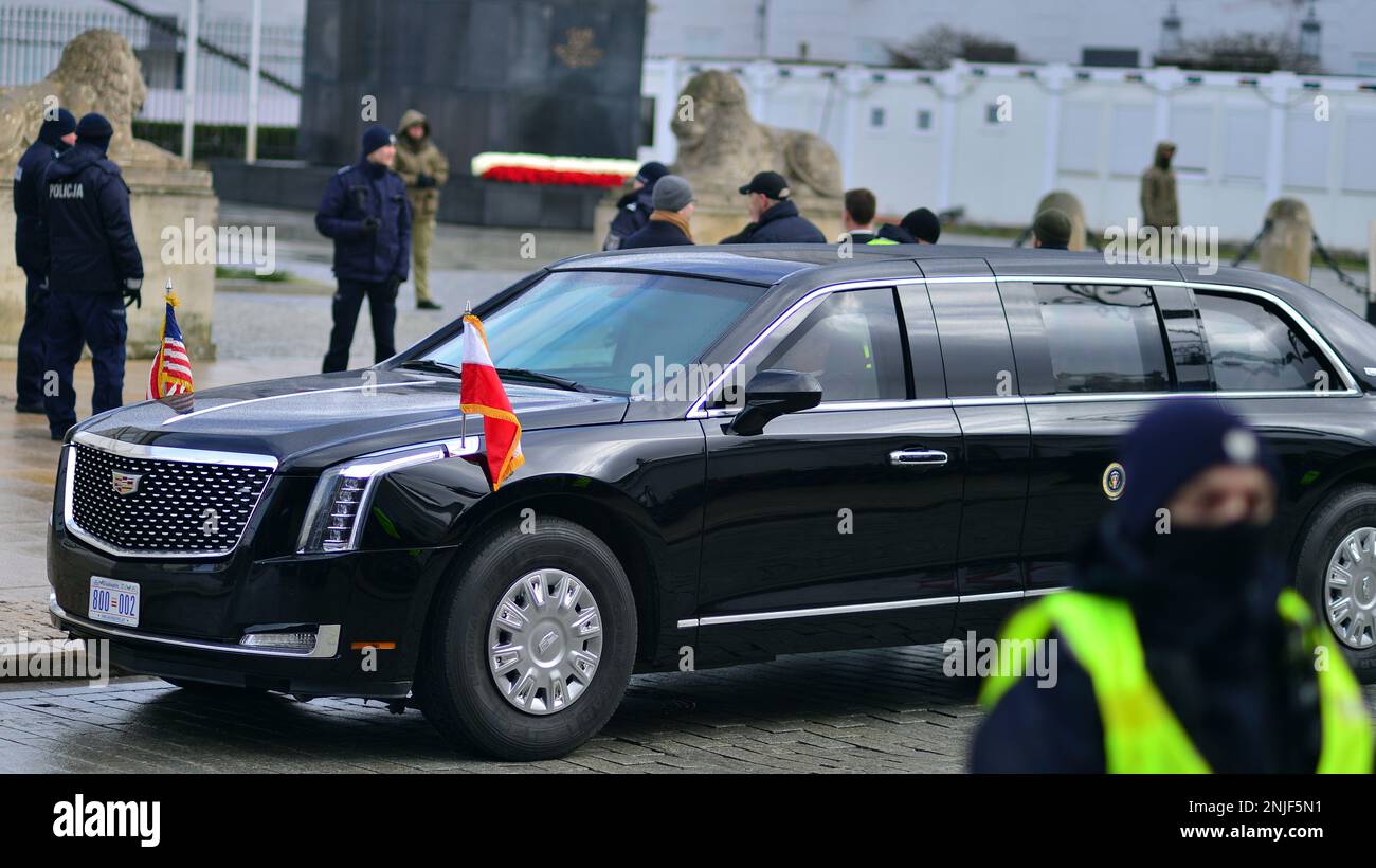 Warsaw, Poland. 21 February 2023. US presidential Cadillac limousine (known as the 'Beast') in front of the presidential palace in Warsaw Stock Photo