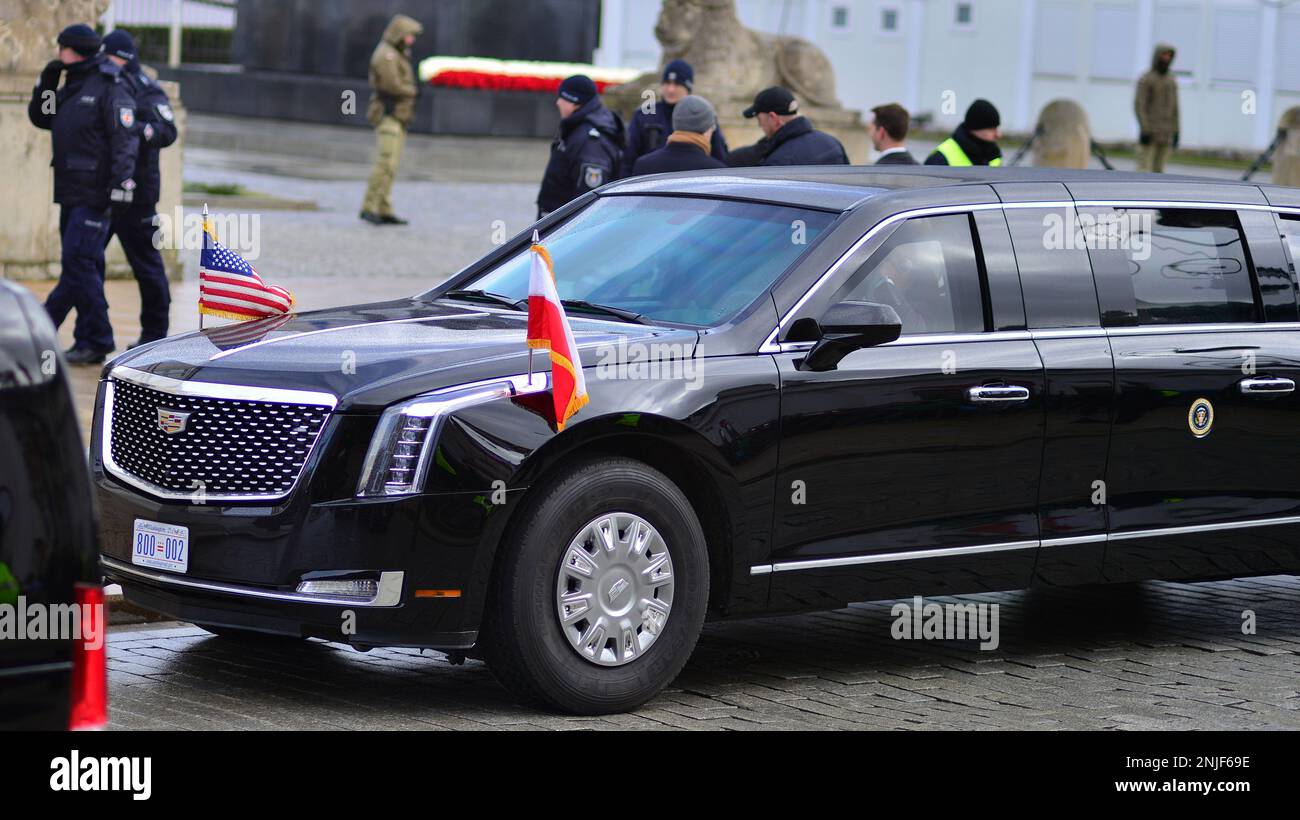 Warsaw, Poland. 21 February 2023. US presidential Cadillac limousine (known as the "Beast") in front of the presidential palace in Warsaw Stock Photo