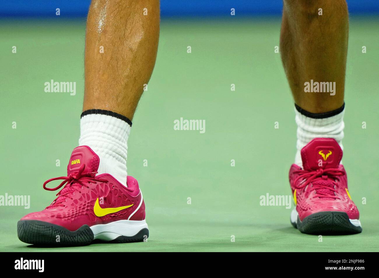 A detail view of the shoes worn by Rafael Nadal during a A detail view of the shoes worn by Rafael Nadal during a