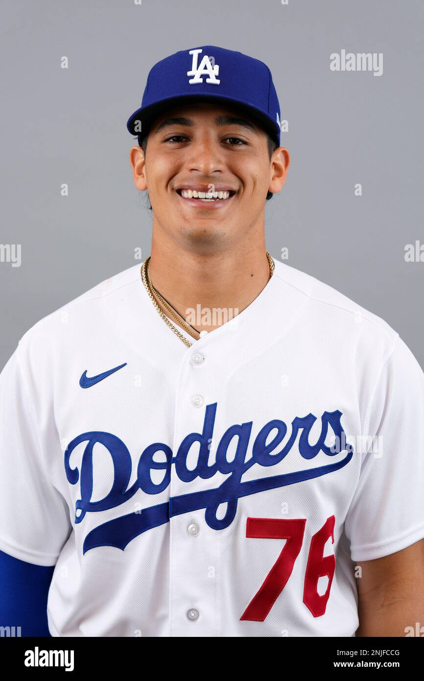 Los Angeles Dodgers catcher Diego Cartaya poses for a photograph