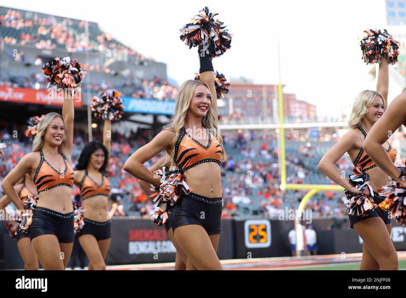 CINCINNATI, OH - AUGUST 27: Cincinnati Bengals cheerleaders perform during  the game against the Los Angeles Rams and the Cincinnati Bengals on August  27, 2022, at Paycor Stadium in Cincinnati, OH. (Photo