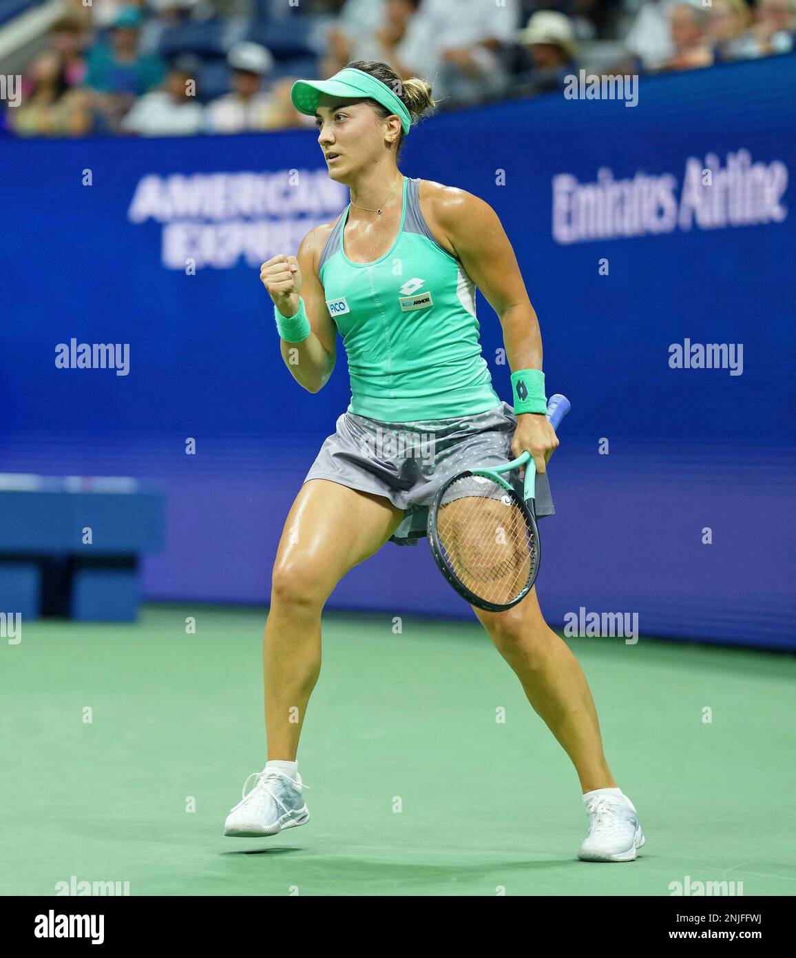 Danka Kovinic reacts during a womens singles match at the 2022 US Open, Monday, Aug