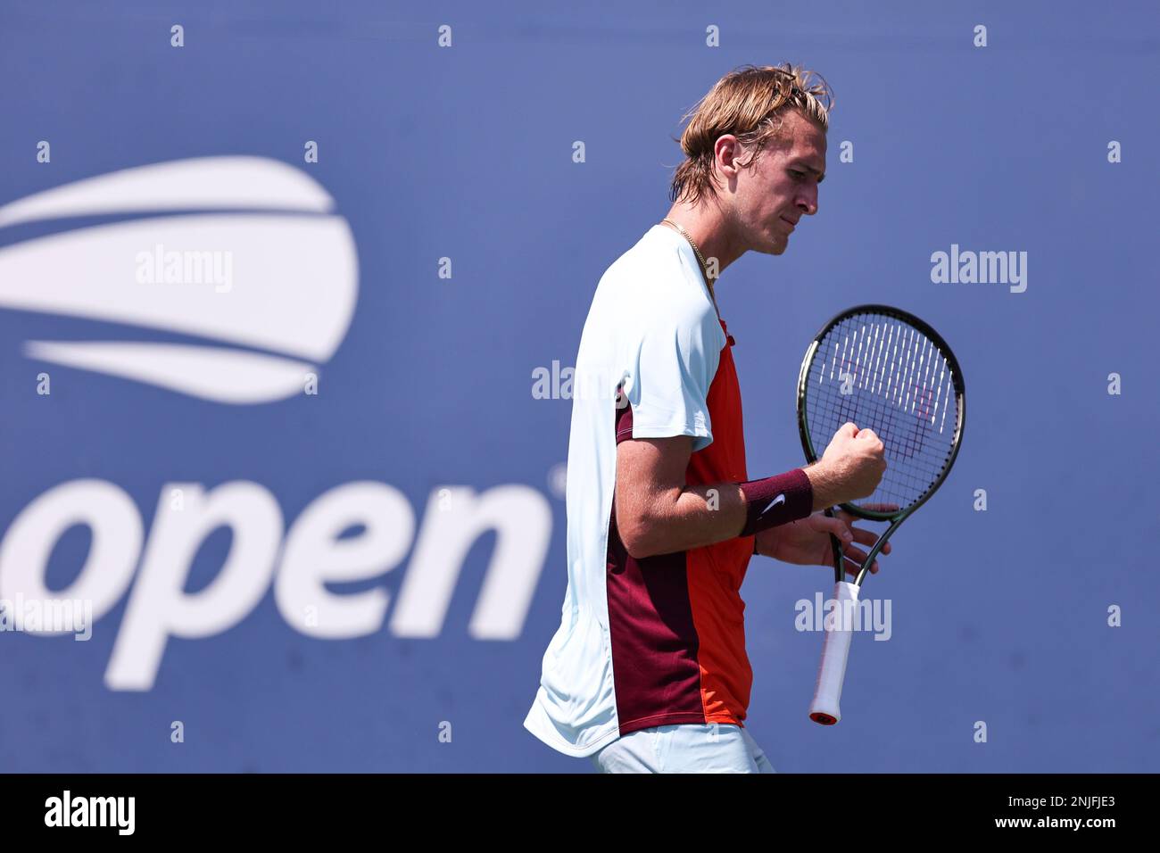 Sebastian Korda reacts during a Mens Singles match at the 2022 US Open, Monday, Aug