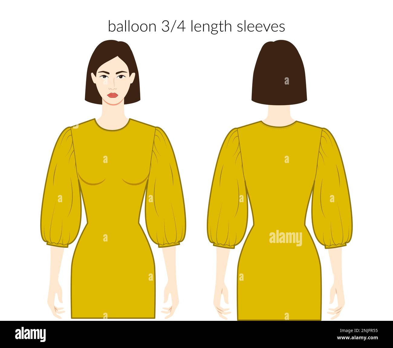 Balloon sleeves melon clothes character beautiful lady in ochre top, shirt, dress technical fashion illustration with 3-4 bracelet length. Flat apparel template front, back sides. Women men CAD mockup Stock Vector