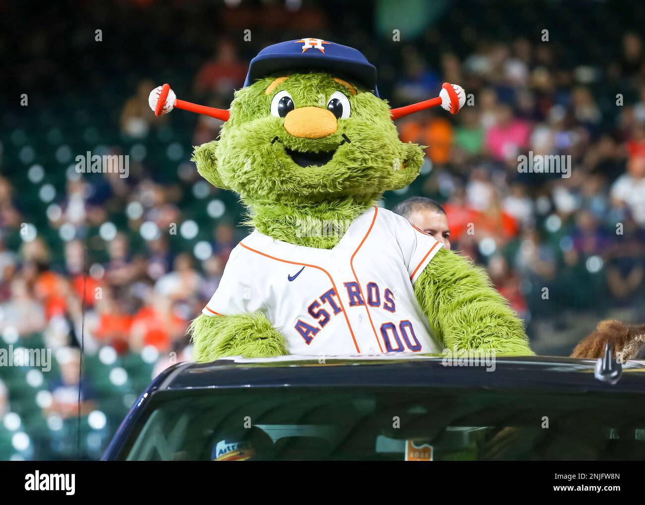 HOUSTON, TX - AUGUST 27: Houston Astros mascot Orbit enters the field  during the MLB game between the Baltimore Orioles and Houston Astros on  August 27, 2022 at Minute Maid Park in