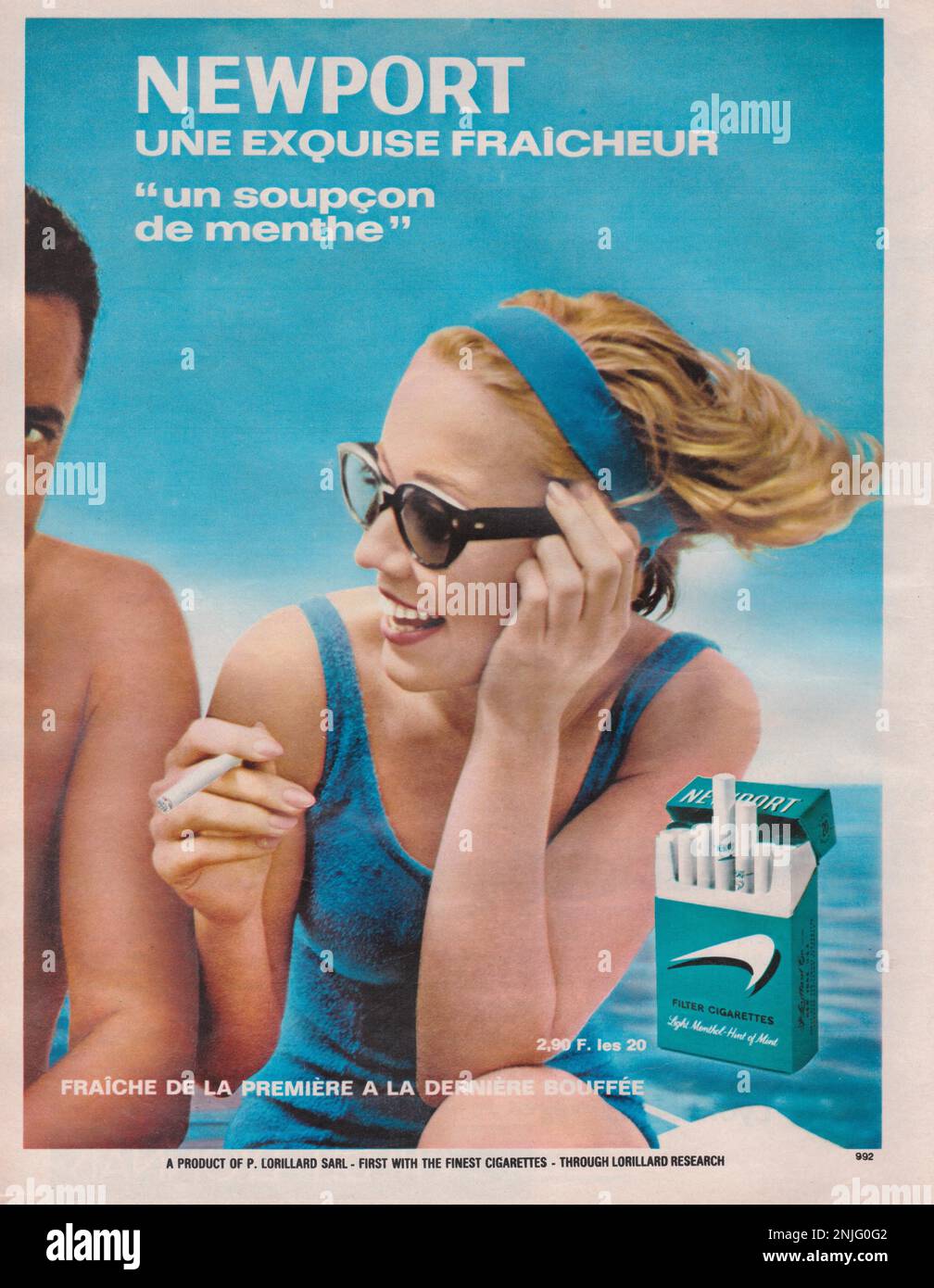 Newton cigarettes vintage magazine advert Newport cigarettes advertisement blond woman smoking Newport cigarette Stock Photo