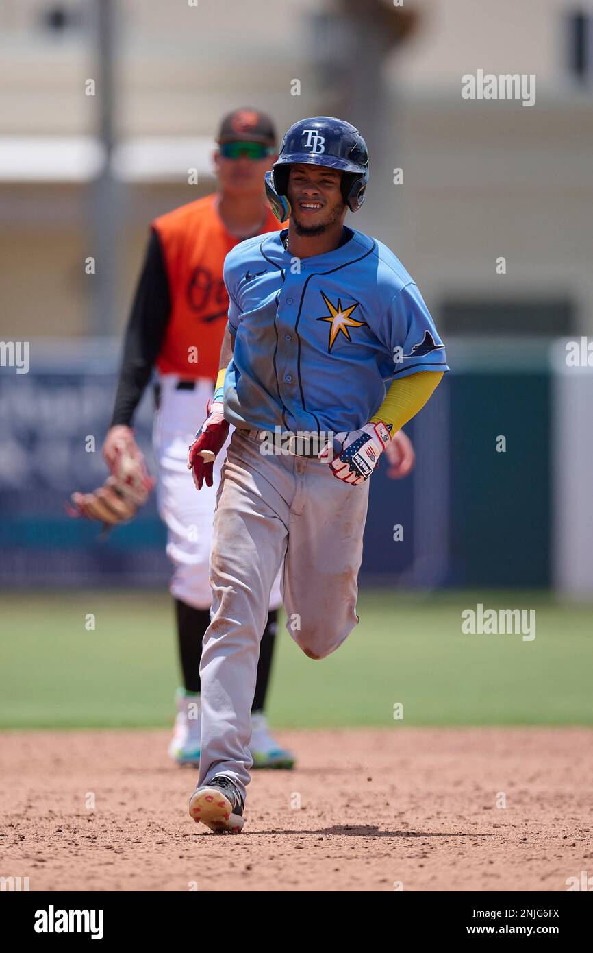 FCL Rays catcher Felix Salguera (86) rounds the bases after hitting a home  run during a Florida Complex League baseball game against the FCL Orioles  on July 14, 2022 at Ed Smith