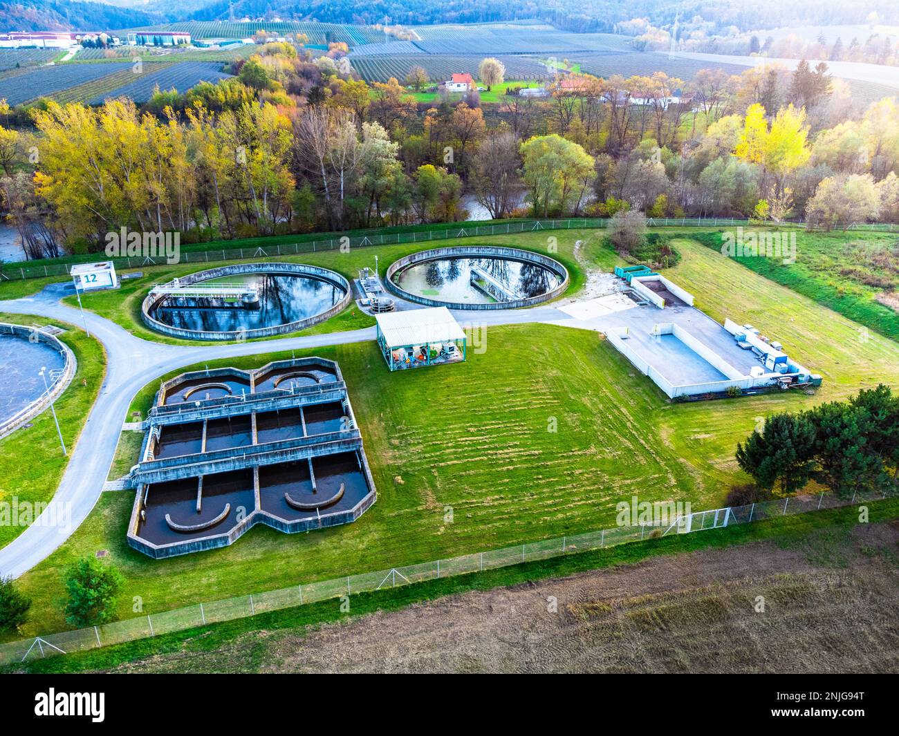 Waste water treatment plant in the country side of Slovenia. Aerial