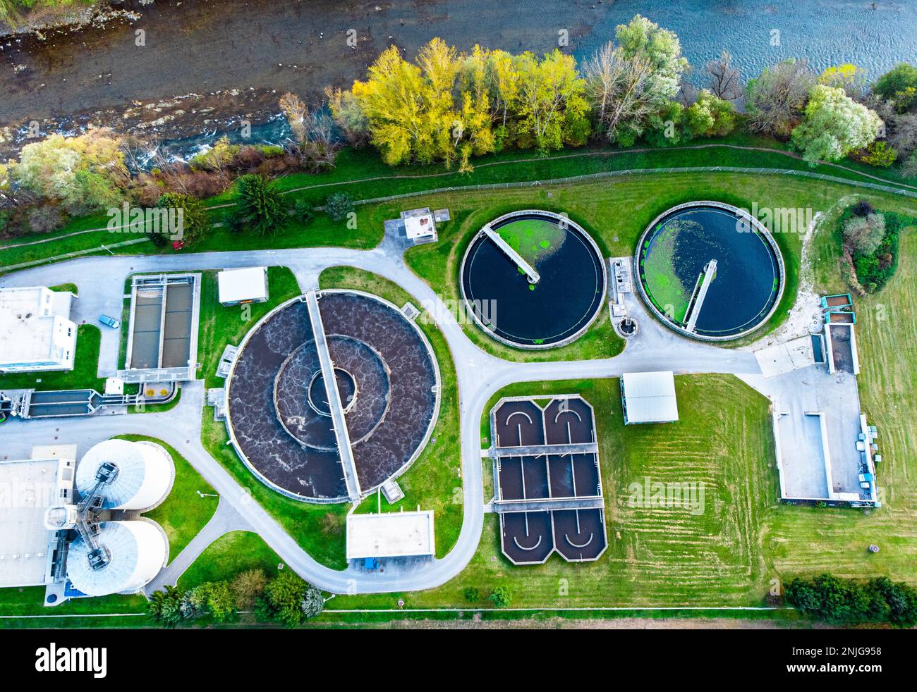 Waste water treatment plant in the country side of Slovenia. Aerial views Stock Photo