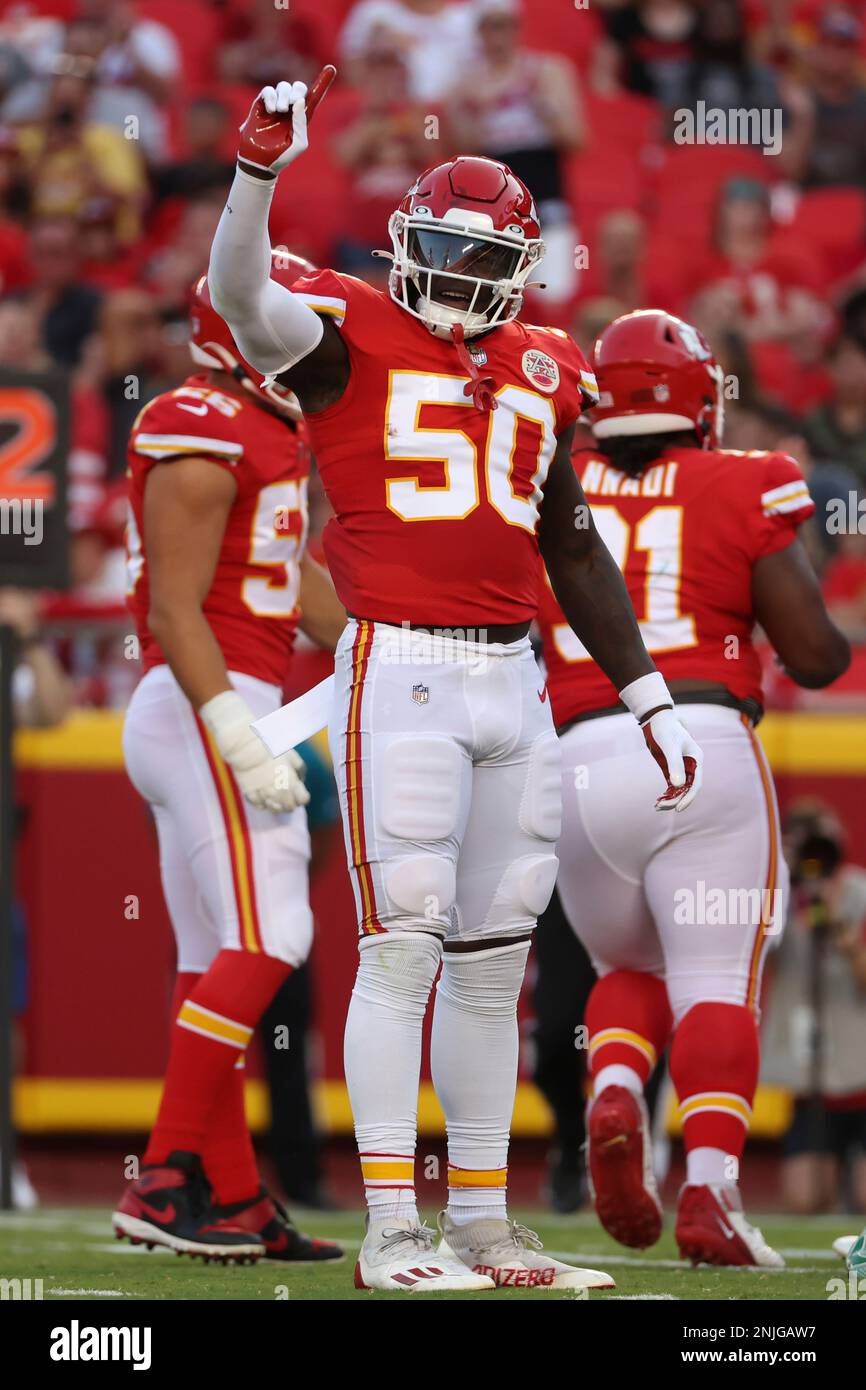 Kansas City Chiefs linebacker Willie Gay (50) looks on from the sideline  during an NFL pre-season football game against the Washington Commanders  Saturday, Aug. 20, 2022, in Kansas City, Mo. (AP Photo/Peter