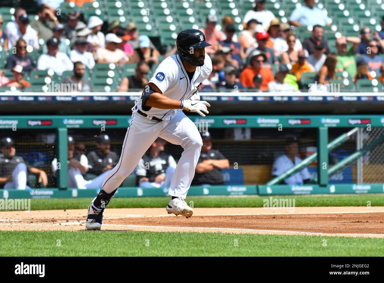 DETROIT, MI - AUGUST 24: Detroit Tigers center fielder Riley Greene (31)  runs out a groundball during the Detroit Tigers versus the San Francisco  Giants on Wednesday August 24, 2022 at Comerica