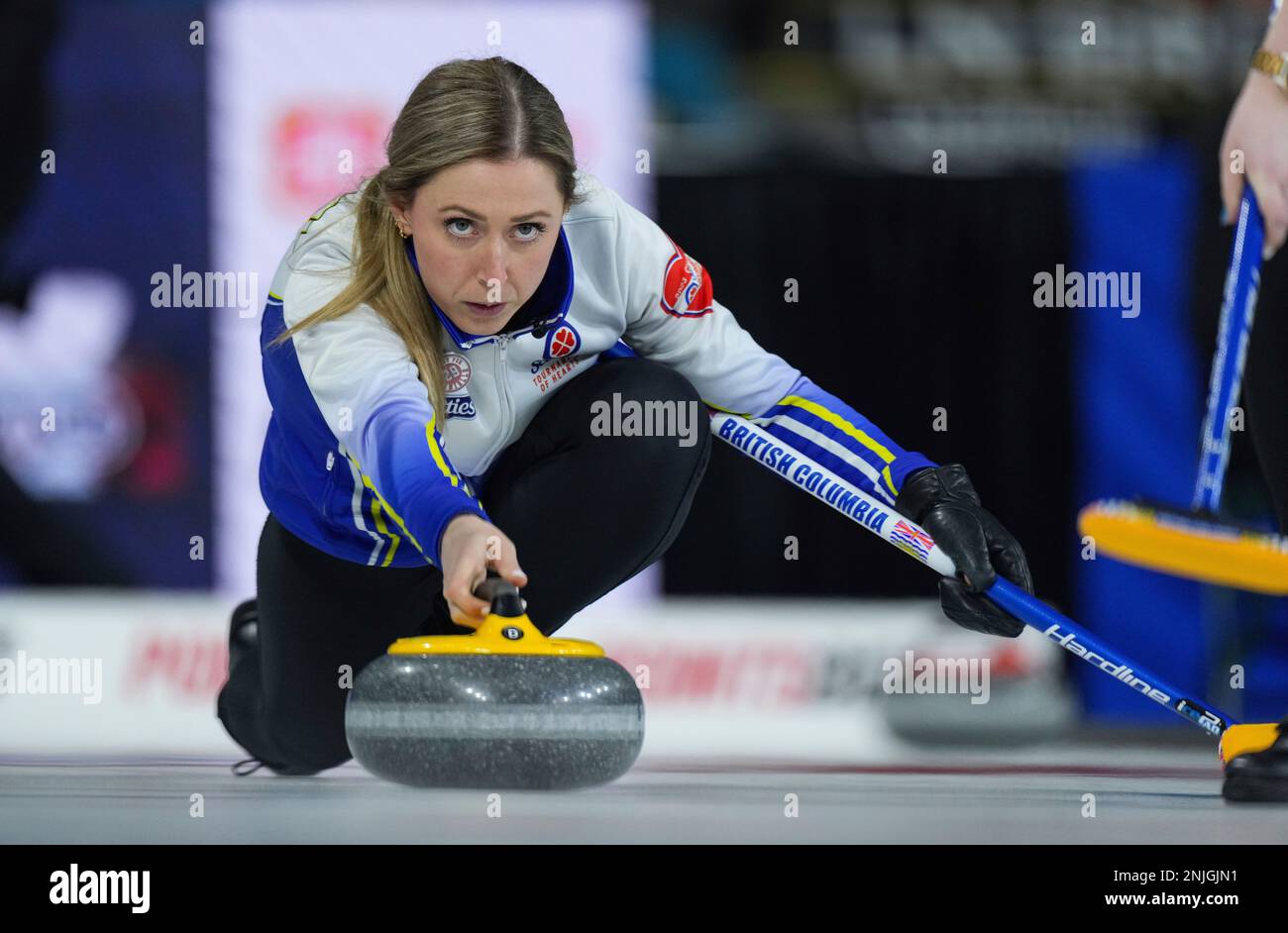 British Columbia skip Clancy Grandy delivers a rock while playing against Wild Card 1 at the Scotties Tournament of Hearts curling event Wednesday, Feb