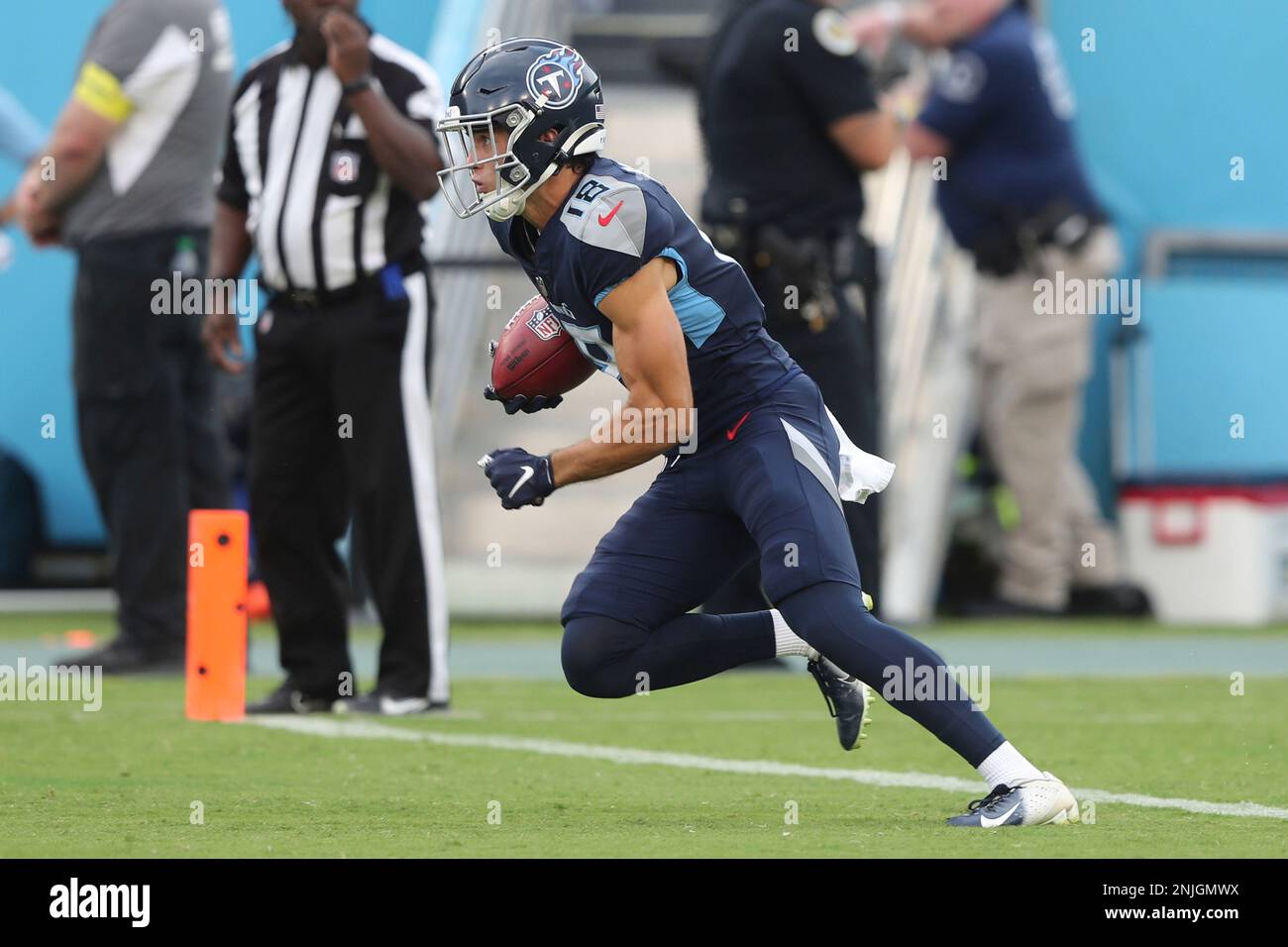 NASHVILLE, TN - AUGUST 20: Tennessee Titans wide receiver Kyle Phillips  (18) returns a kick-off during the Tampa Bay Buccaneers-Tennessee Titans  Preseason game on August 20, 2022 at Nissan Stadium in Nashville,