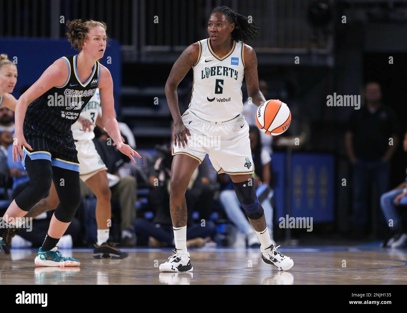 CHICAGO, IL - AUGUST 20: New York Liberty guard DiDi Richards (2) shoots  the ball over New York Liberty center Stefanie Dolson (31) during the first  half in game 2 of a
