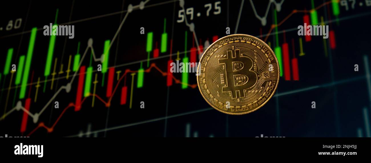 Bitcoin gold coin on background of Stock Market Chart. Bitcoin mining trading concept. BTC golden money. Worldwide virtual internet Cryptocurrency or crypto digital payment system. Digital coin money farm in digital cyberspace Stock Photo