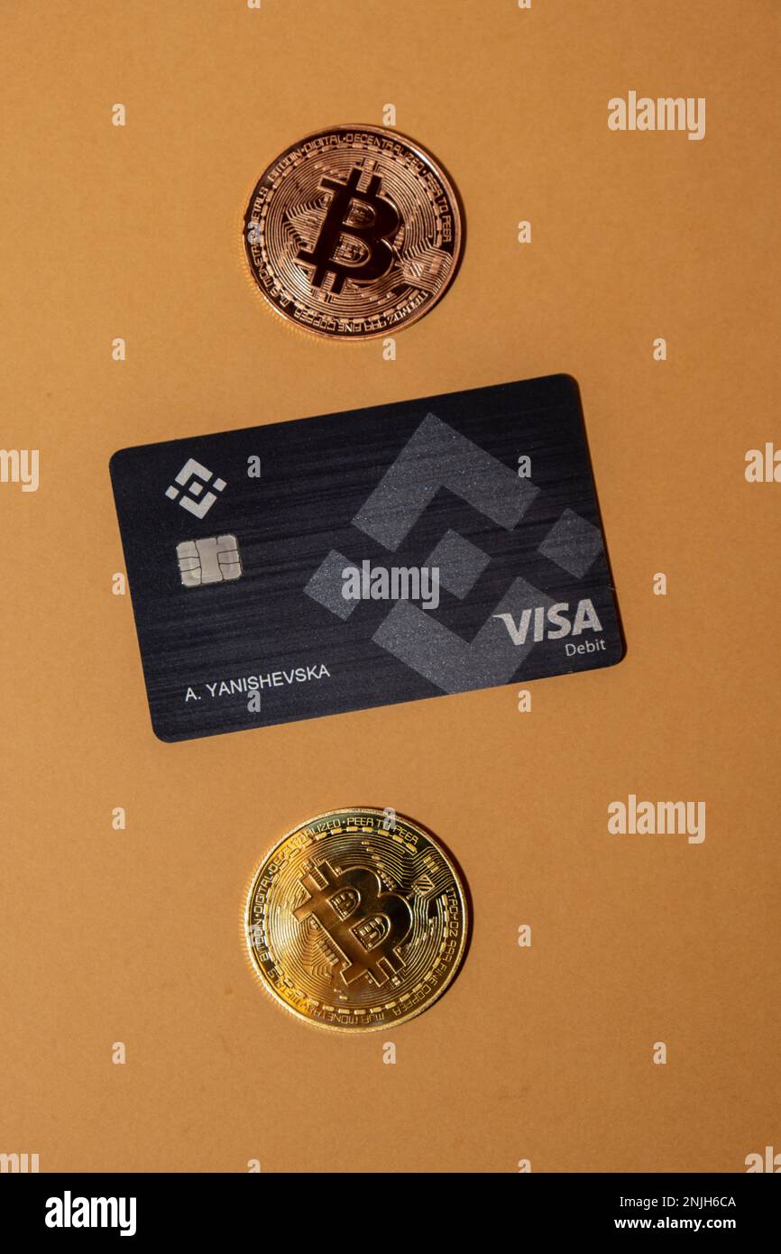 Gdansk Poland - May 2022 Bitcoin gold coin with Black Binance Card mining  trading concept. Visa debit card BNB, Binance Exchange Card to buy bitcoin  BTC golden money. Worldwide virtual internet Cryptocurrency