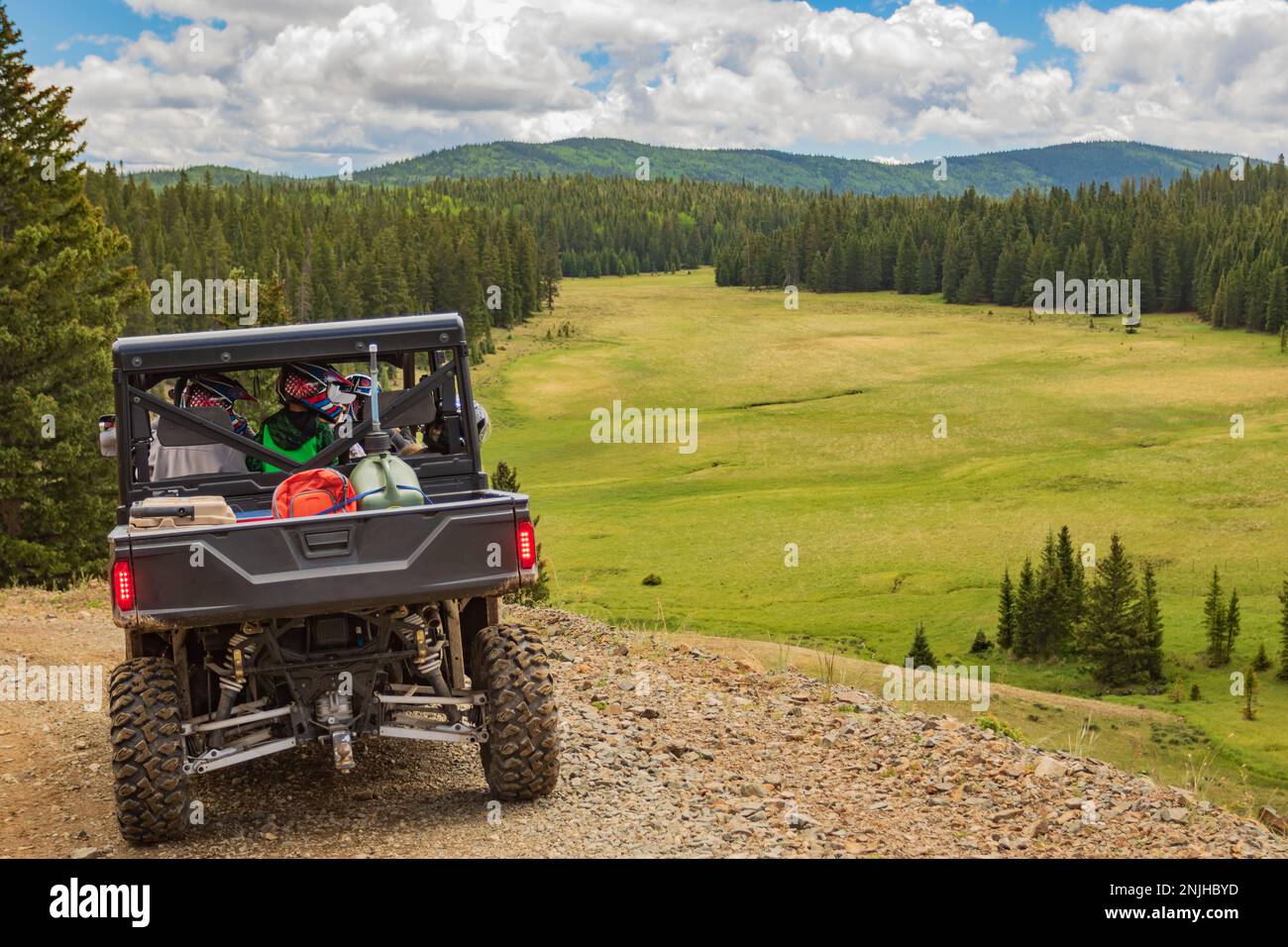 A family riding in a 4x4 off road vehicle is looking over a meadow to
