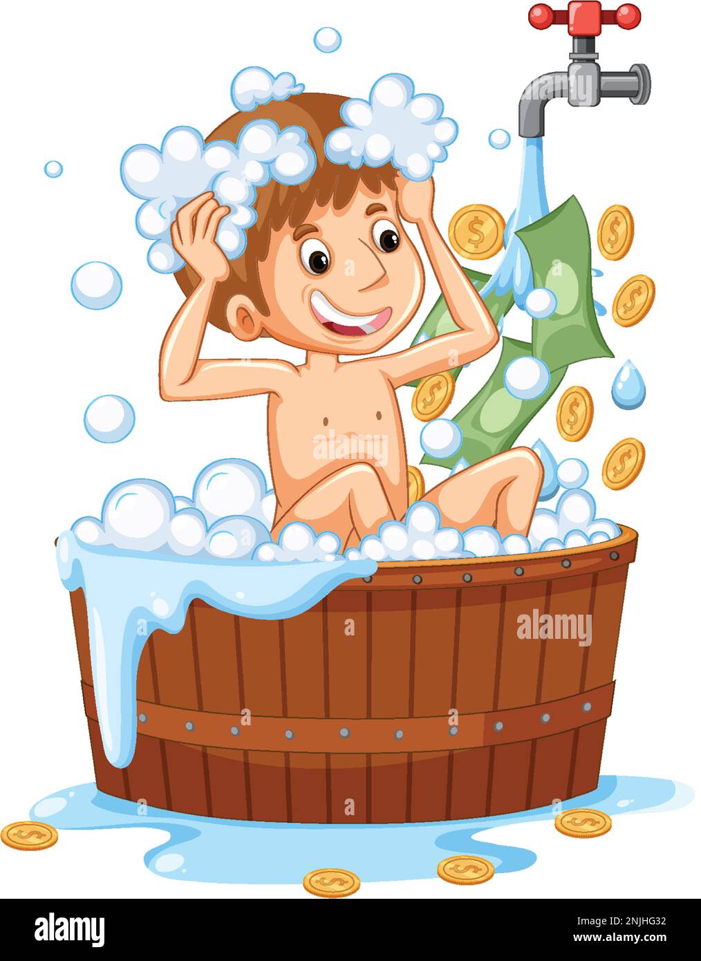 Boy taking bath in tub with banknotes and coins falling illustration Stock  Vector Image & Art - Alamy