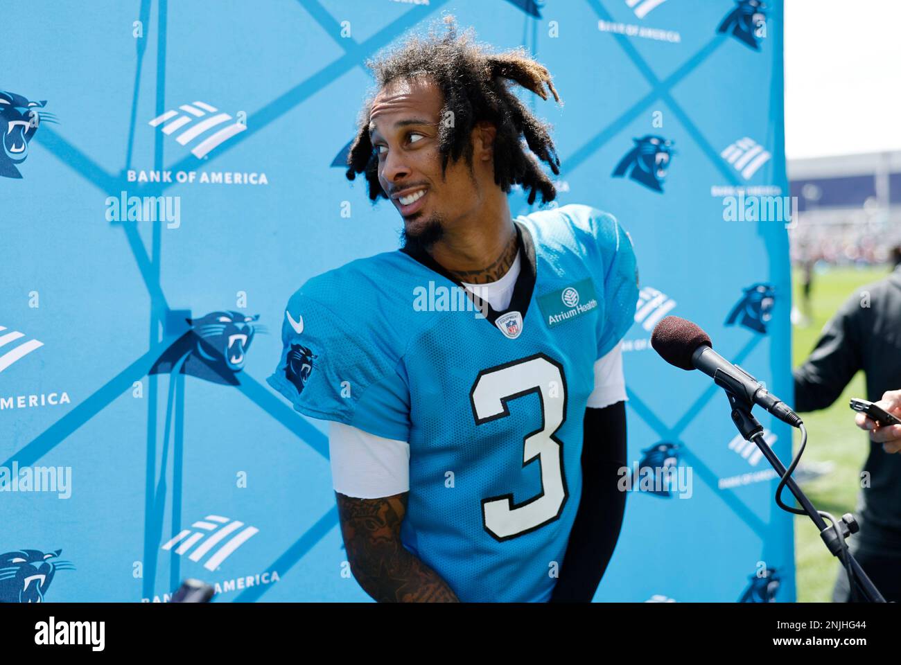 FOXBOROUGH, MA - AUGUST 16: Carolina Panthers wide receiver Robbie Anderson  (3) listens to a question during a joint practice between the New England  Patriots and the Carolina Panthers on August 16