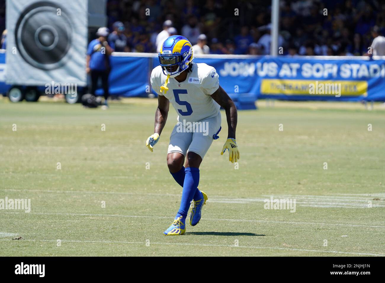 Los Angeles Rams defensive back Jalen Ramsey takes part in drills at the  NFL football team's practice facility Monday, Aug. 1, 2022, in Irvine,  Calif. (AP Photo/Jae C. Hong Stock Photo - Alamy