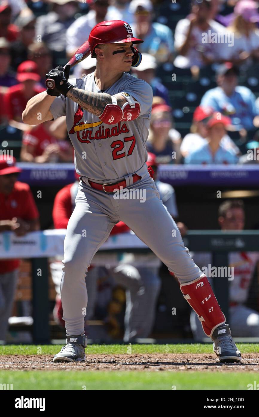 St. Louis Cardinals left fielder Tyler O'Neill (27) waits for the