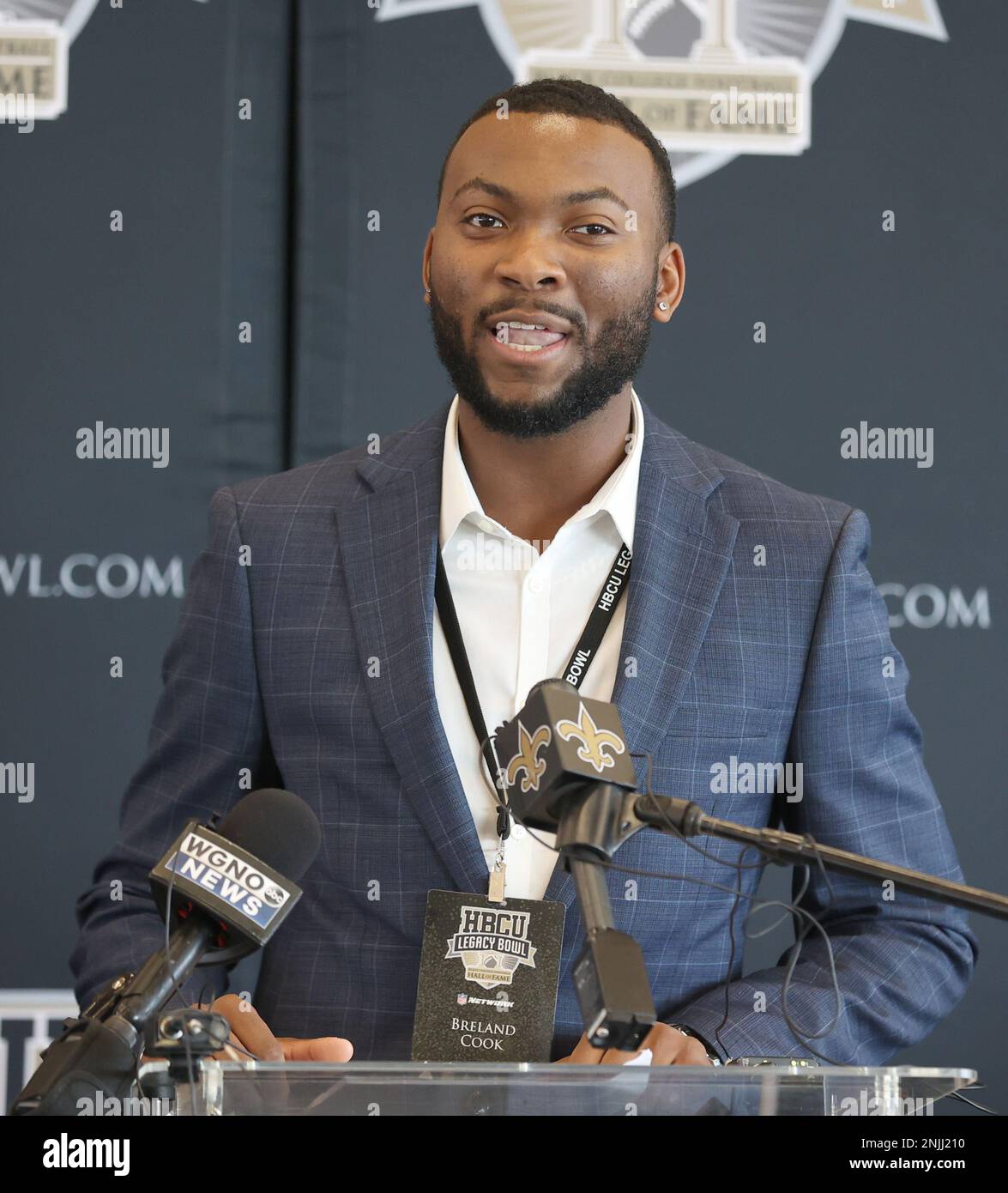 New Orleans, USA. 22nd Feb, 2023. Breland Cook speaks during the HBCU