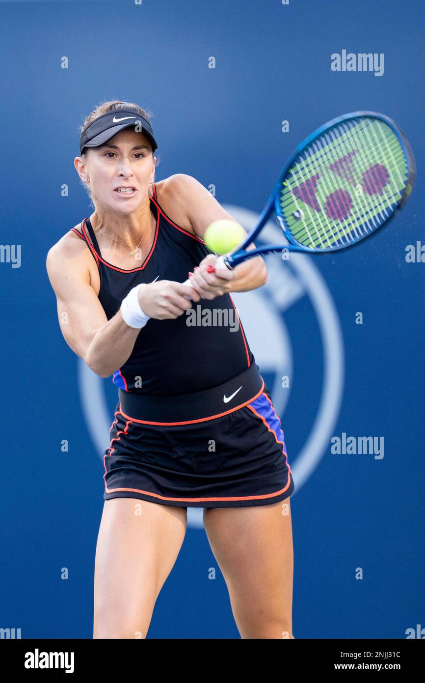 TORONTO, ON - AUGUST 12: Belinda Bencic (SUI) returns the ball during her  National Bank Open WTA tennis tournament Quarterfinal match on August 12,  2022, at Sobeys Stadium in Toronto, ON, Canada. (