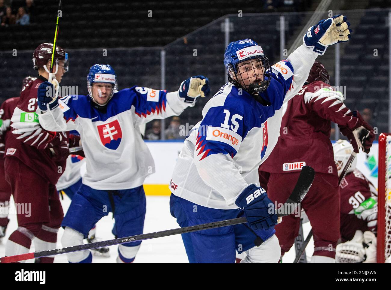 Slovakias Dalibor Dvorsky (15) celebrates a goal against Latvia during the second period of an IIHF junior world hockey championships game Friday, Aug