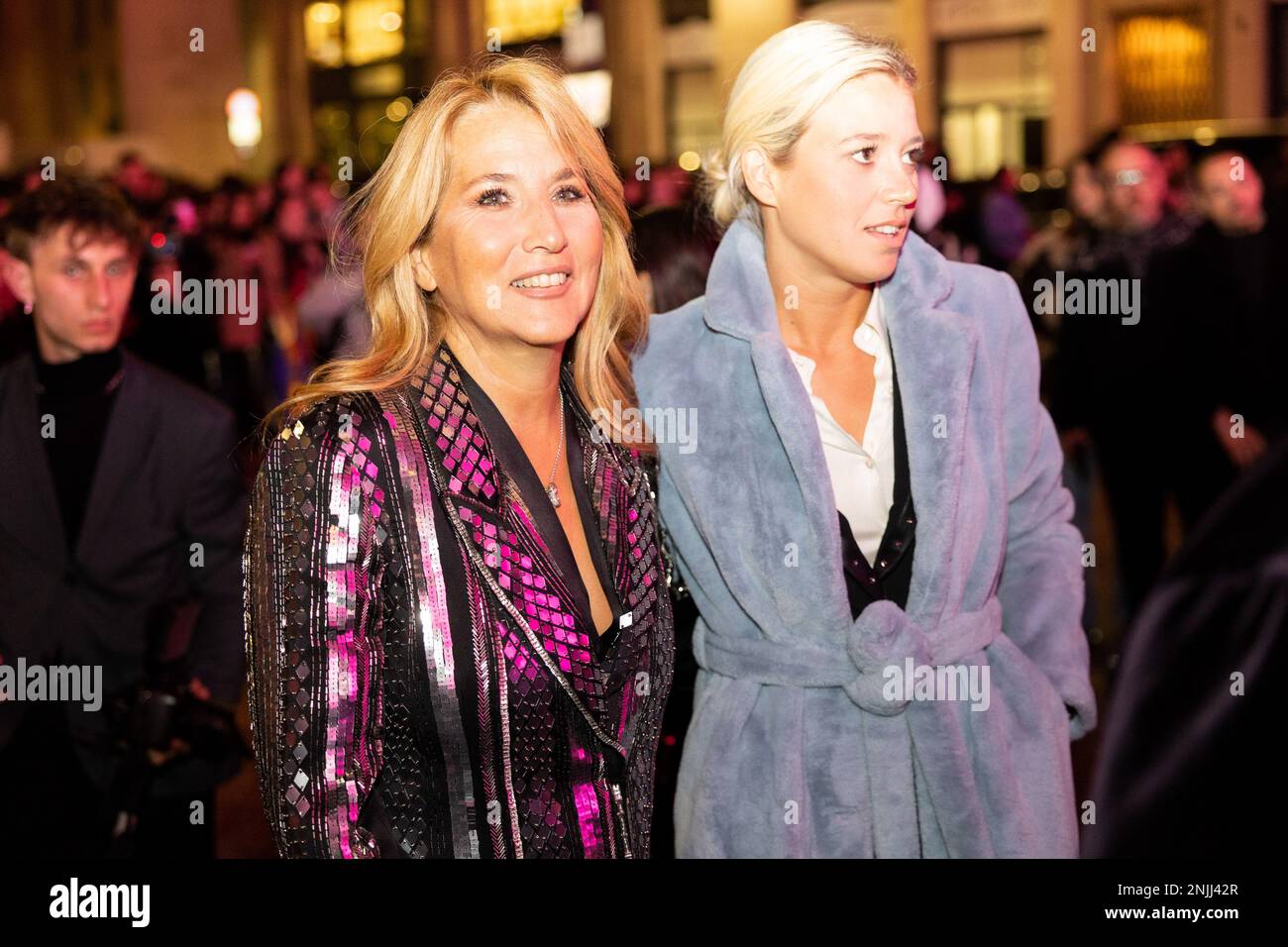 Milan, Italy. 22nd Feb, 2023. Jo Squillo and a guest arrive at Cavalli fashion show during the Milan Fashion Week Womenswear Fall/Winter 2023/2024. (Photo by Mairo Cinquetti/SOPA Images/Sipa USA) Credit: Sipa USA/Alamy Live News Stock Photo