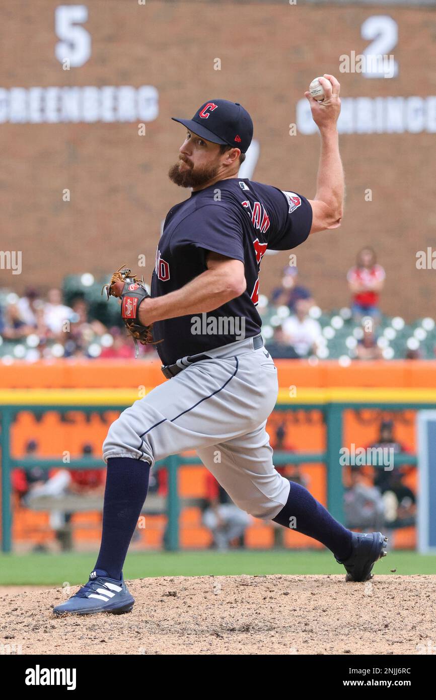 DETROIT, MI - AUGUST 11: Cleveland Guardians pitcher Bryan Shaw (27)  pitches during the tenth inning of a regular season Major League Baseball  game between the Cleveland Guardians and the Detroit Tigers