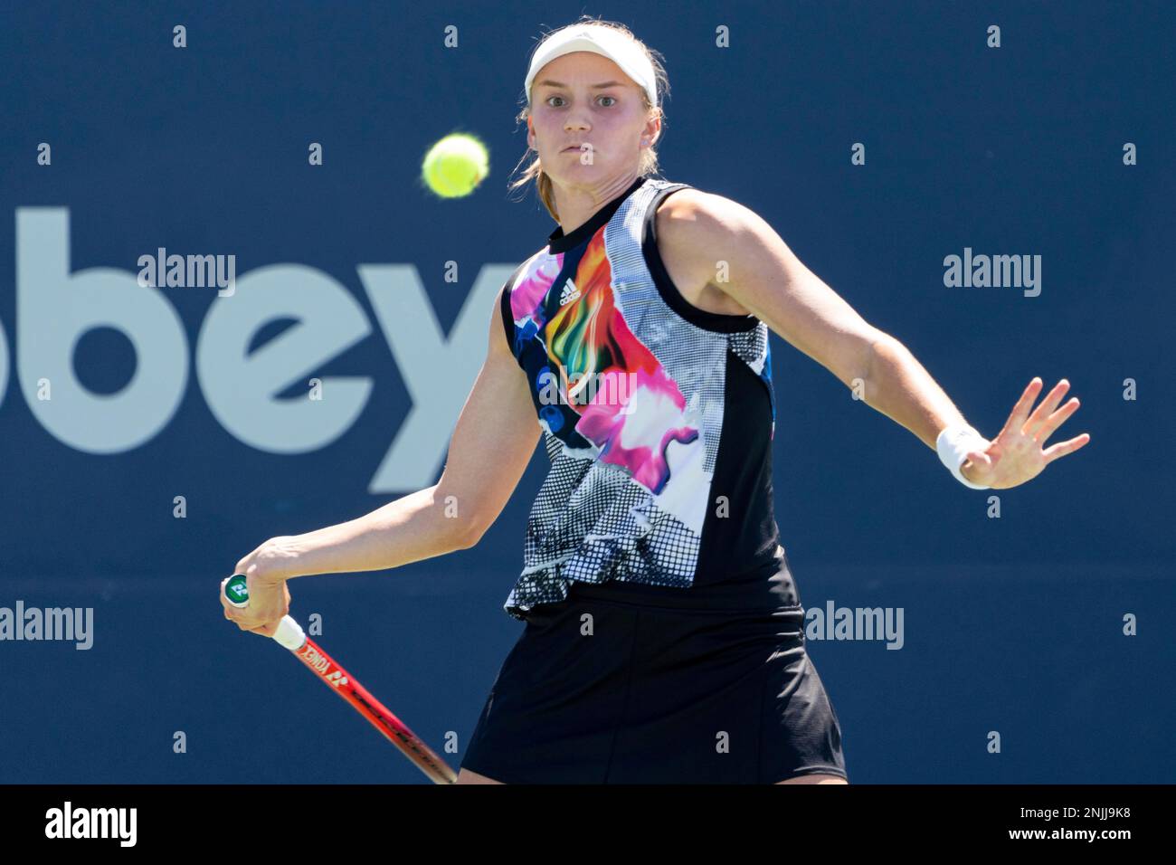 TORONTO, ON - AUGUST 10: Elena Rybakina returns the ball during her  National Bank Open tennis tournament second round match on August 10, 2022,  at Sobeys Stadium in Toronto, ON, Canada. (Photo