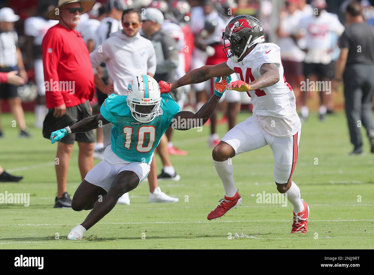 TAMPA, FL - AUG 10: Tampa Bay Buccaneers defensive back Carlton Davis III  (24) defends against Tyreek Hill (10) of the Dolphins during the Tampa Bay  Buccaneers & Miami Dolphins Joint-Practice on