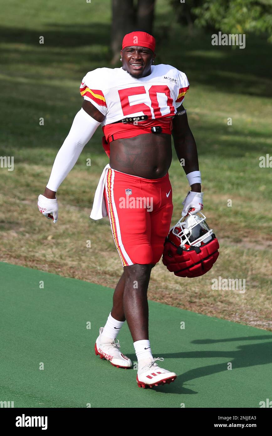 ST. JOSEPH MO AUGUST 07 Kansas City Chiefs linebacker Willie Gay 50 during training camp on August 7 2022 at Missouri Western State University in St. Joseph MO. Photo by Scott