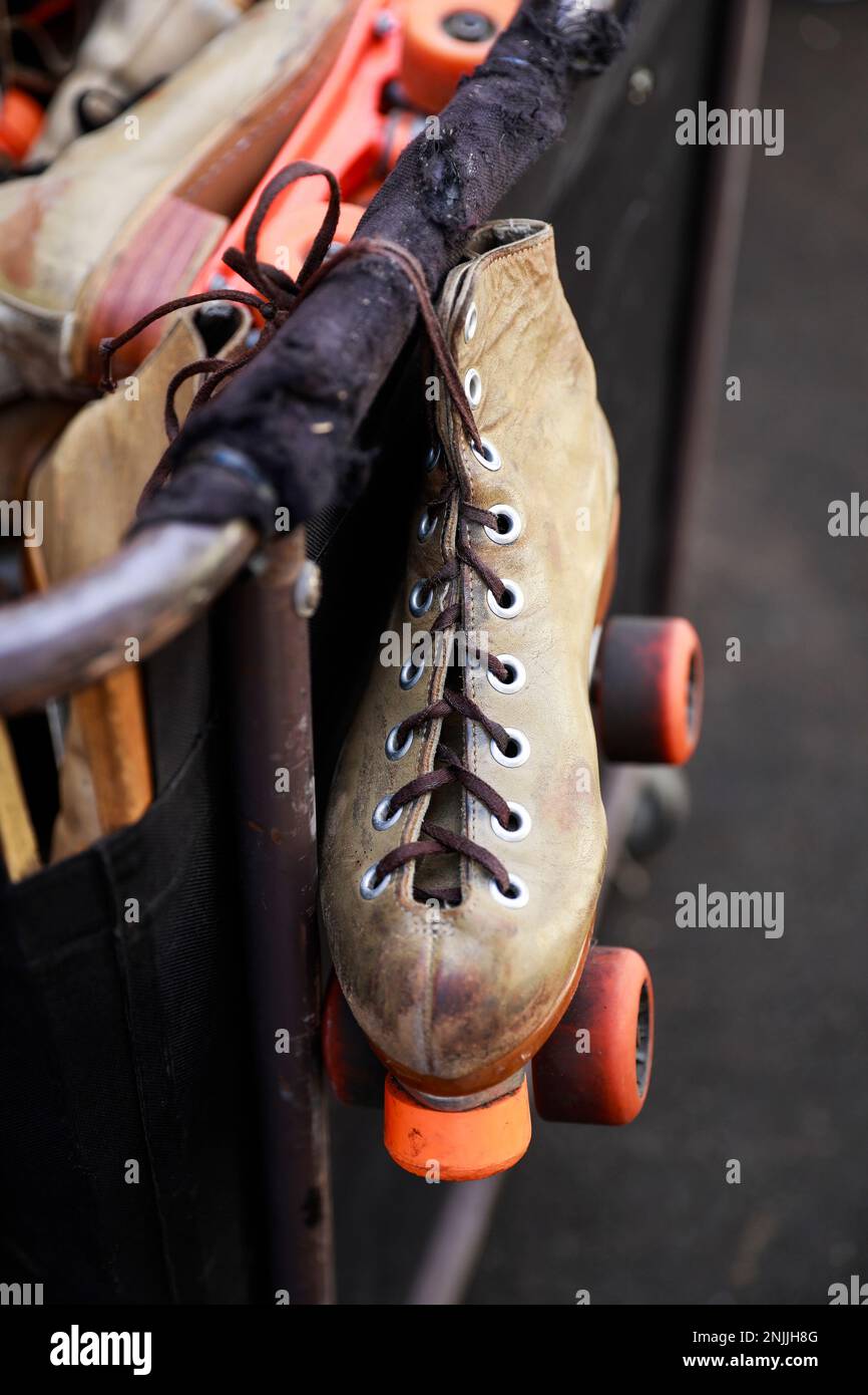 Rollerskates are seen at the new outdoor Art Roller Rink that will be