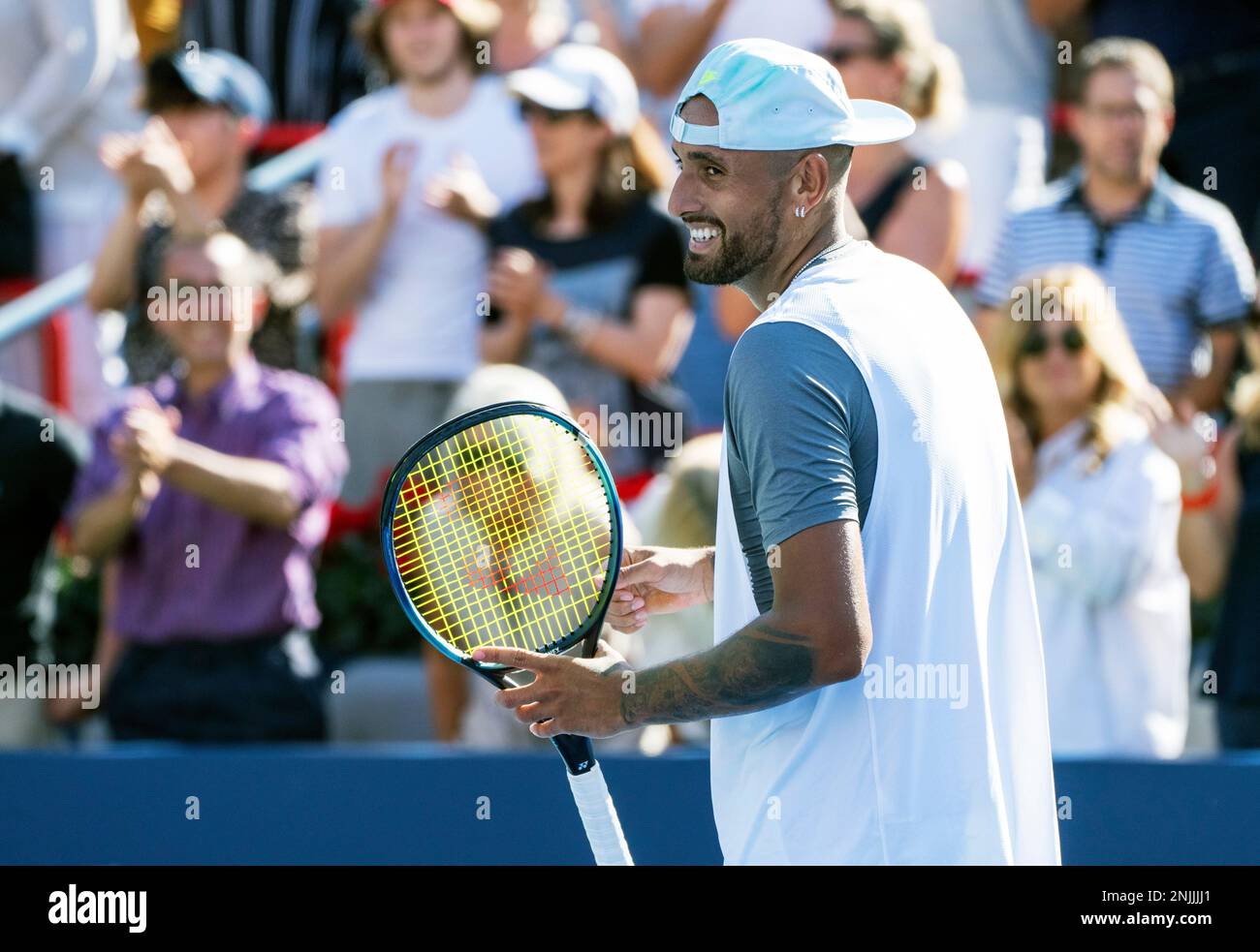 Nick Kyrgios of Australia celebrates his victory over Daniil Medvedev during second round play at the National Bank Open tennis tournament Wednesday Aug. 10, 2022