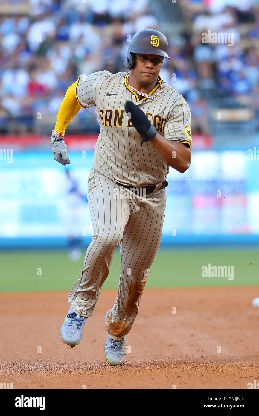 San Diego Padres right fielder Juan Soto (22) does the Soto Shuffle  during a MLB baseball game against the Los Angeles Dodgers, Saturday,  August 6, 2022, in Los Angeles. The Dodgers defeated