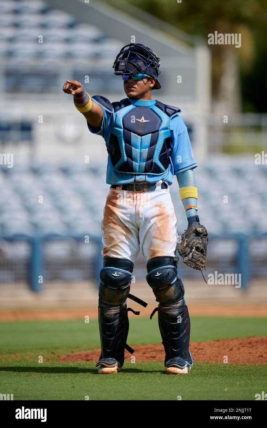 FCL Rays catcher Felix Salguera (86) rounds the bases after hitting a home  run during a Florida Complex League baseball game against the FCL Orioles  on July 14, 2022 at Ed Smith
