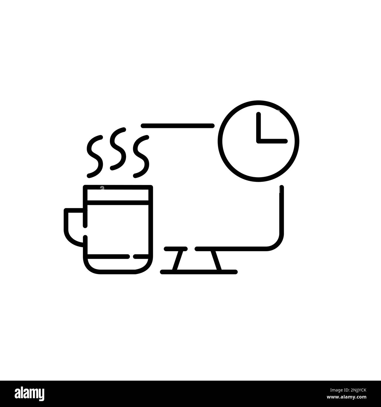 Coffee break at work. Hot mug and clock at desktop computer. Pixel