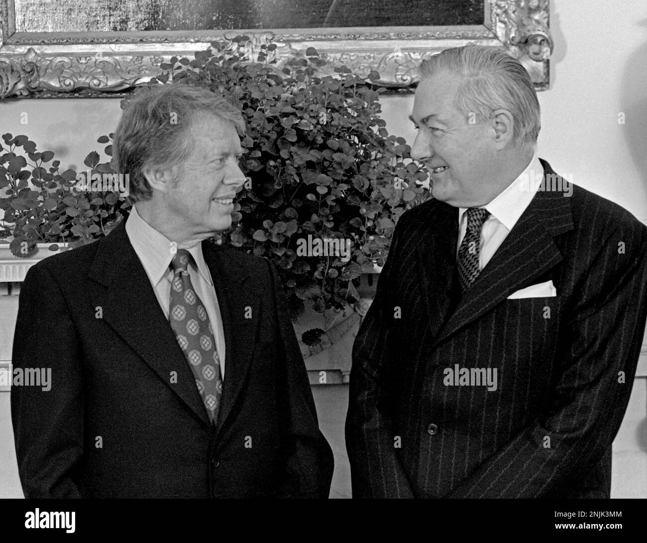 United States President Jimmy Carter, left, and Prime Minister James Callaghan of the United Kingdom of Great Briitain and Northern Ireland, right, as they meet in the Oval Office of the White House in Washington, DC following the conclusion of the Official Arrival ceremony on March 10, 1977Credit: Benjamin E. 'Gene' Forte/CNP/Sipa USA Credit: Sipa USA/Alamy Live News Stock Photo