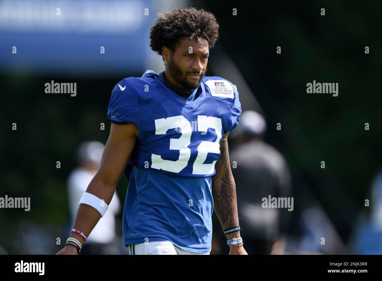 WESTFIELD, IN - AUGUST 07: Indianapolis Colts safety Julian Blackmon (32)  runs through a drill during the Indianapolis Colts Training Camp practice  on August 7, 2022 at Grand Park Sports Campus in