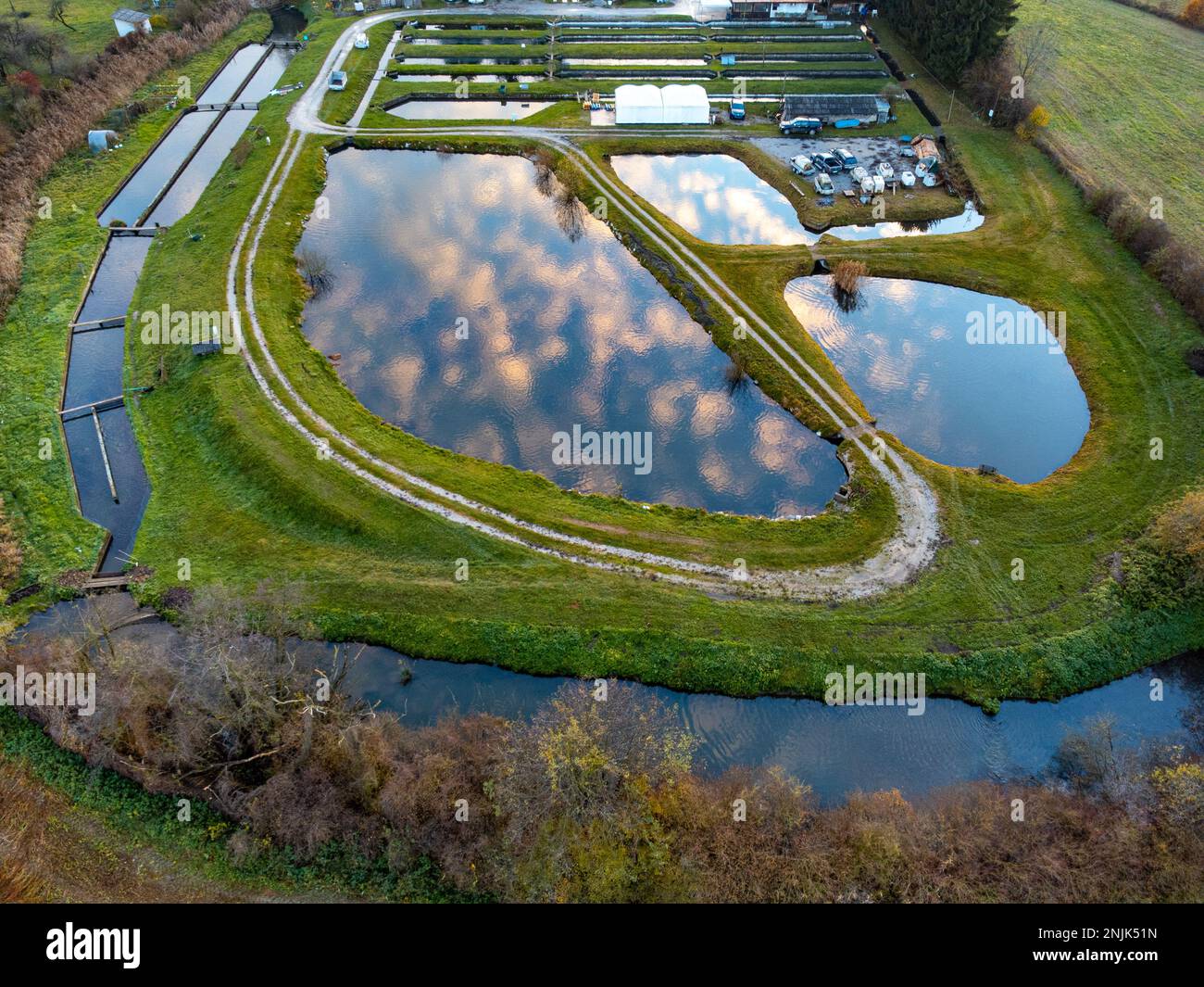 Aquaculture ponds used for farming freshwater fish. Drone shot Stock ...