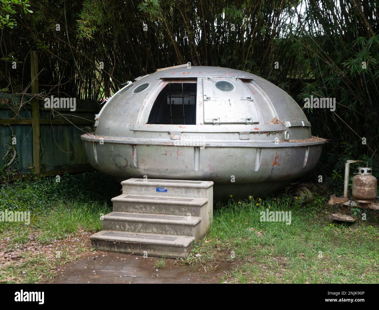 Exterior of a UFO or flying saucer built by John Preble at the Abita