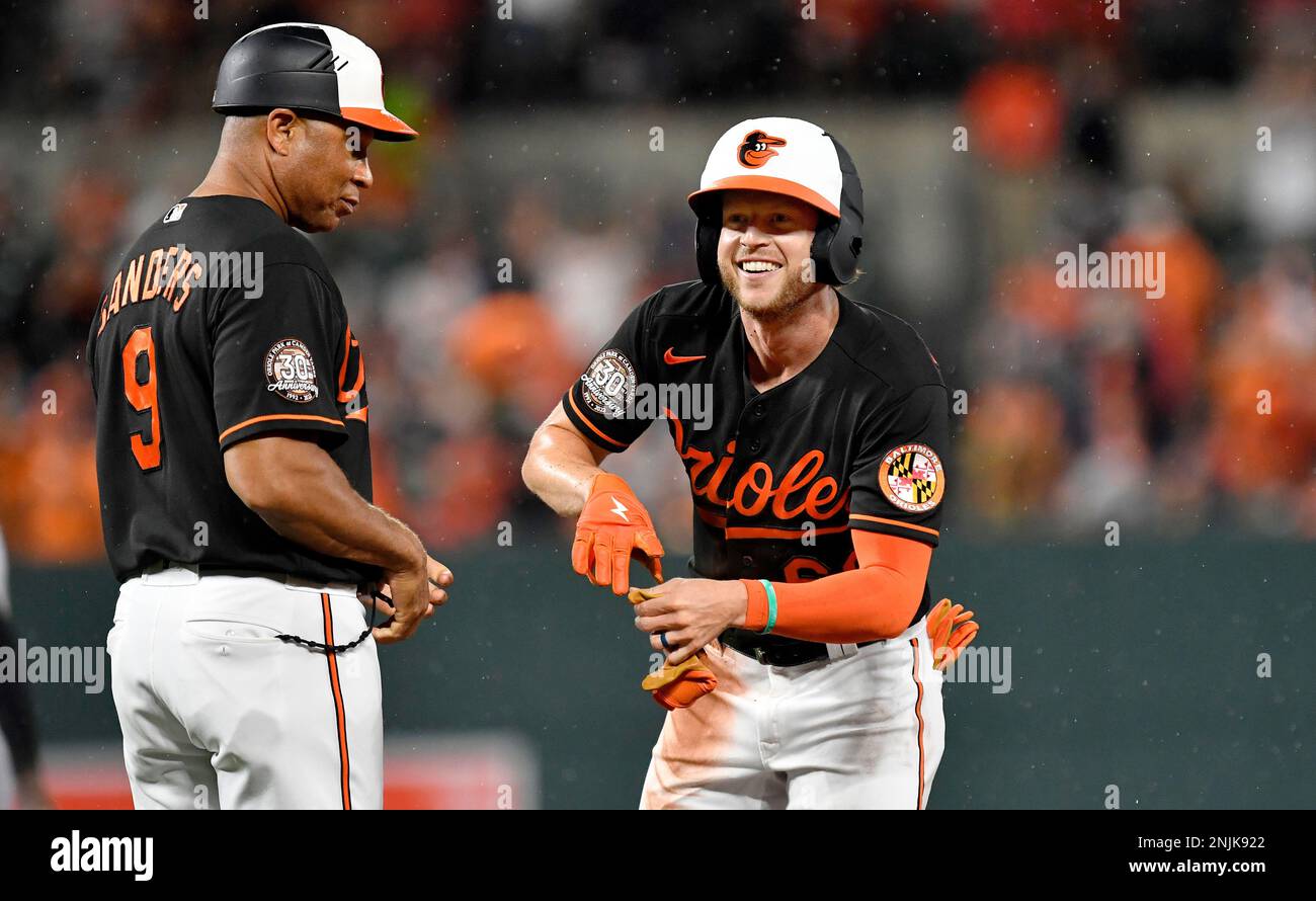 BALTIMORE, MD - AUGUST 06: Baltimore Orioles left fielder Brett Phillips  (66) runs off the field during the Pittsburgh Pirates versus Baltimore  Orioles MLB game at Orioles Park at Camden Yards on