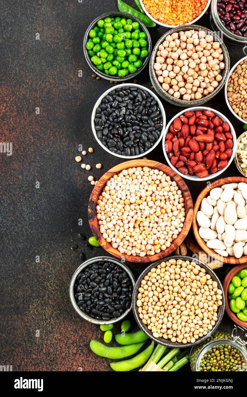 Legumes, beans and sprouts. Dried, raw and fresh, top view. Red kidney