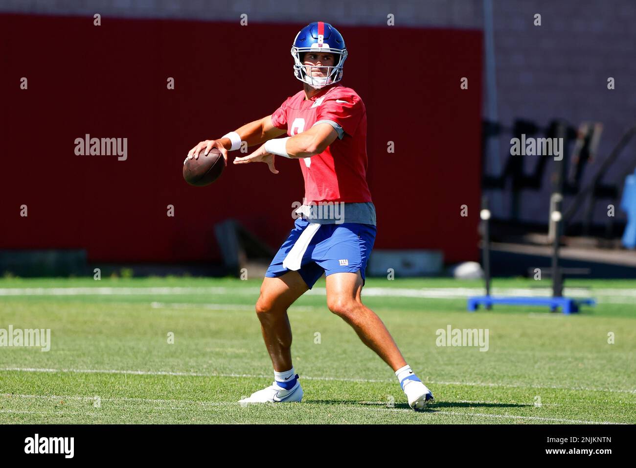 EAST RUTHERFORD, NJ - JULY 30: Daniel Jones (8) New York Giants quarterback  drops back to pass during training camp on July 30, 2022 at Quest  Diagnostics Training Center in East Rutherford